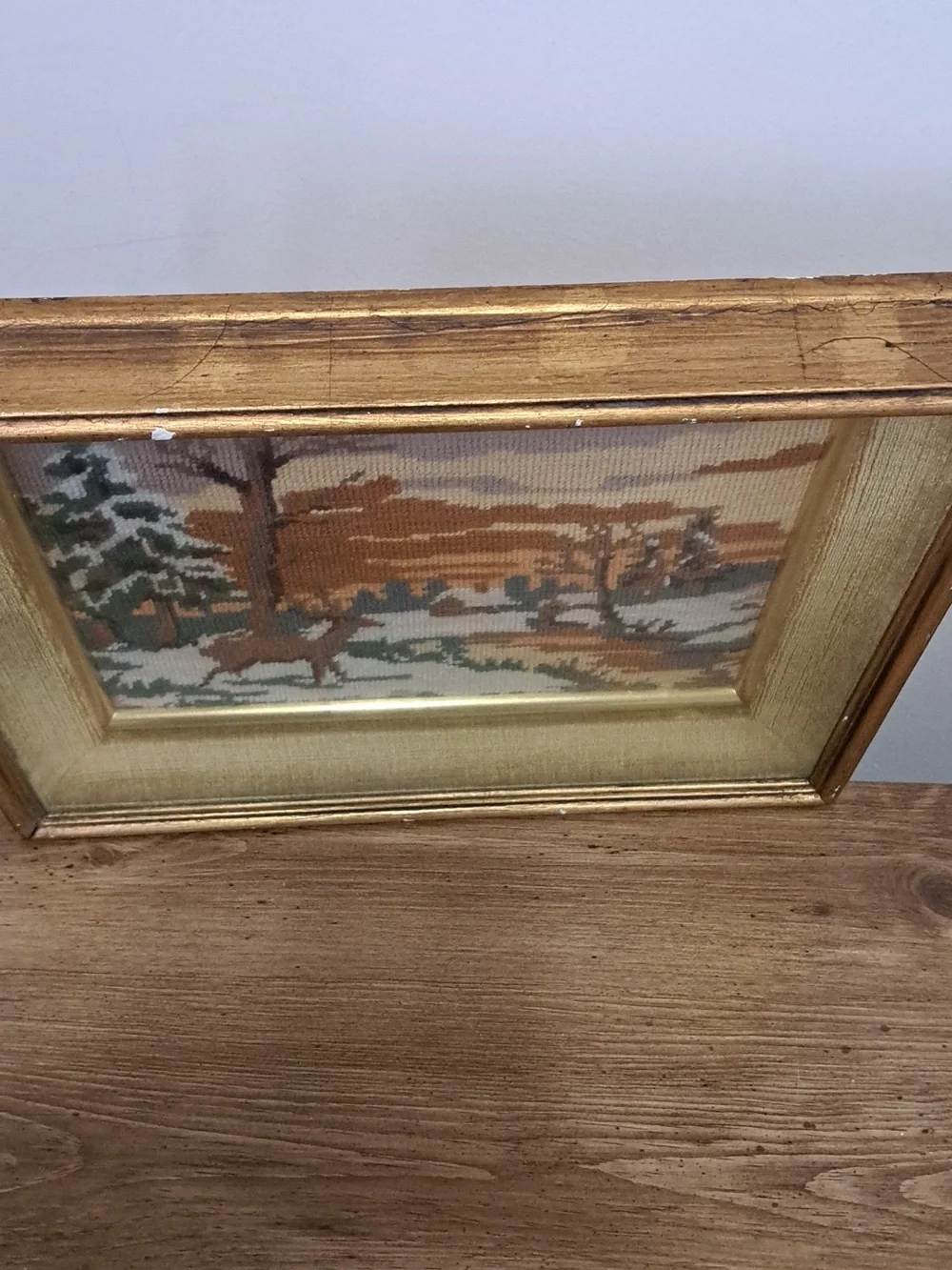 Vintage Needlepoint Framed Artwork Deer Cabins Nature Scene Woodland Classic - Picture 15 of 16